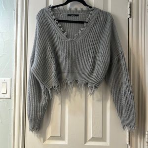 Zaful Grey Ripped Cropped Sweater